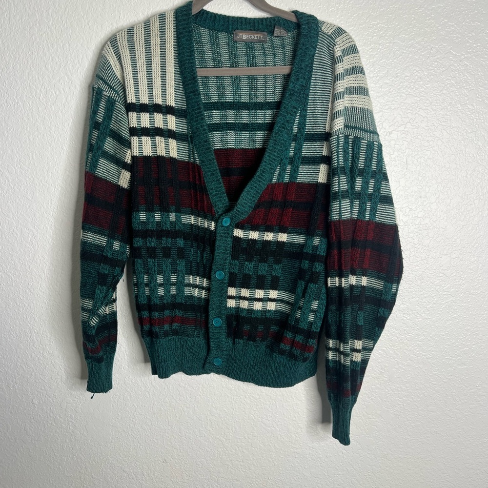 J.T Beckett Knit Green and Red Button up Grandpa Sweater Size Large